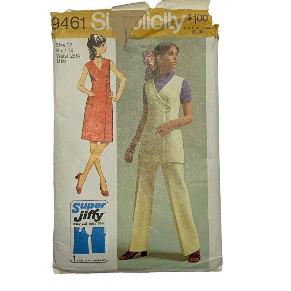 Vintage 70s Simplicity 9461 Pattern Misses 8-18 Mod Dress Tunic Pants Uncut